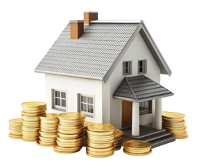 House surrounded by stacks of gold coins on a transparent background