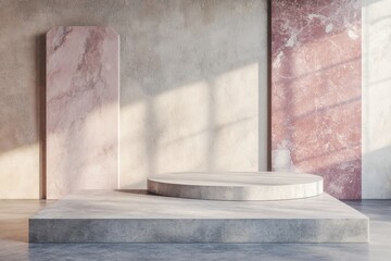 Triangular display stand and vertical structure in an unoccupied studio area. Feature surface on a pale wall. Level ground for product exhibition. Solid base for beauty showcase