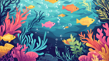 Colorful fish swim among bright coral and seaweed in an underwater scene.
