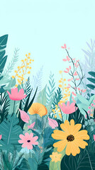 Fototapeta premium Colorful flowers and leaves in a lush green garden against a blue sky background.