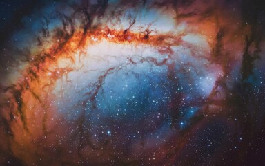 A cosmic view of the universe with vibrant swirls of orange, blue, and violet. 