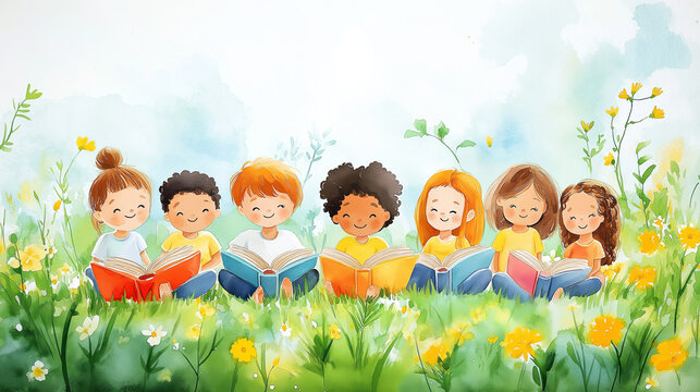 International Day of Education, diverse group of happy children reading books together in a meadow, outdoor learning in nature, cheerful kids enjoying education, knowledge, and friendship - Powered by Adobe