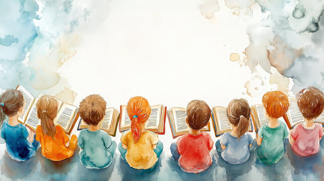 International Day of Education watercolor illustration of diverse children reading books together, symbolizing learning, knowledge sharing, group study, early childhood education, and literary