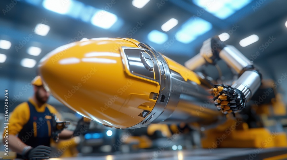 Aufkleber engineers assembling rockets in high-tech factory