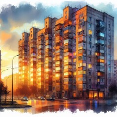 Fototapeta premium Evening Lights in Soviet Apartment Blocks
