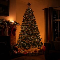 Christmas tree and stylish decorations. Merry Christmas and happy holidays.