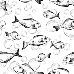 Blue water bubbles of different sizes with fish in a chaotic order. Graphic linear drawing, hand drawn in black and white monochrome. nautical. Seamless pattern