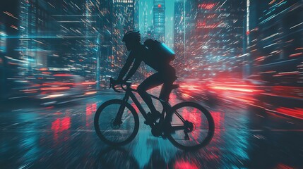 A cyclist commuting through a cityscape with digital route overlays, TechInfused, Neon Lights, Dynamic Angle, Urban Energy
