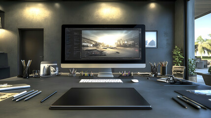 Modern home office desk with computer, tablet and supplies.