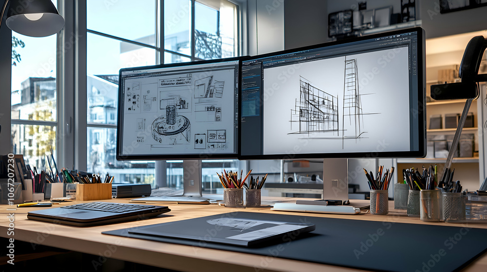 Poster modern office desk with two computer monitors displaying architectural drawings.