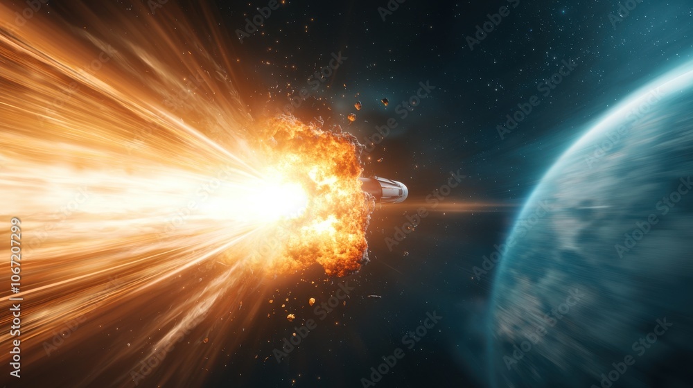 Poster futuristic rocket launch sequence in space