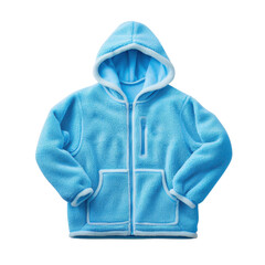 Blue fleece hoodie with a zipper and pockets, white isolated background.