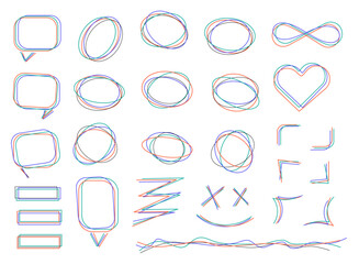 Speech bubbles and circles, rectangles and others. Colorful line effects, modern, color streak style, stylized labels, colorful with fun appearance editable vector illustration