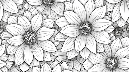 A black and white drawing of a flower with a white background. The flower is a dahlias and it is surrounded by other dahlias. 
