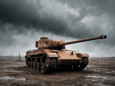 Rusty tank on a muddy battlefield surrounded by barren landscape under a cloudy sky following a recent conflict.