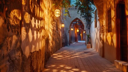 Obraz premium Enchanting Medieval Alley with Illuminated Brick Pathway and Historic Architecture