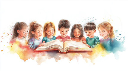 International Day of Education, group of diverse children reading large book together, watercolor illustration, concept of early learning, curiosity, friendship, knowledge sharing, childhood education