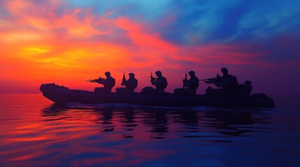 Dawn Military Mission - SEALs on a mission at dawn, silhouetted by the emerging colors of the sunrise on a calm sea.