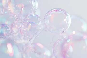 Close-Up of Iridescent Soap Bubbles Floating in Air with Soft Pastel Colors on White Background