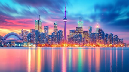 Fototapeta premium City skyline at dusk with bright lights and a dramatic sky.