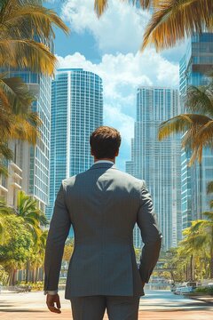 imagen realista hobre con traje delante de edificios de oficinas estilo miami , generative ai