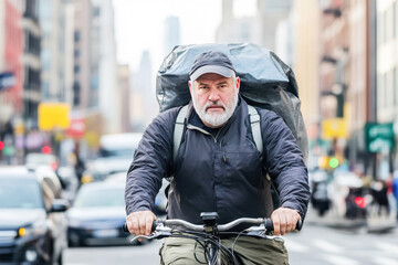 Obraz premium Mature delivery driver cycling through bustling urban streets