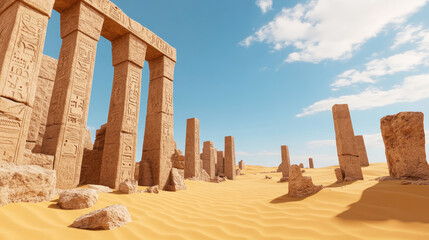 Ancient Desert Ruins, weathered stone structures rise amidst golden sand dunes, evoking a sense of timeless history and mystery.