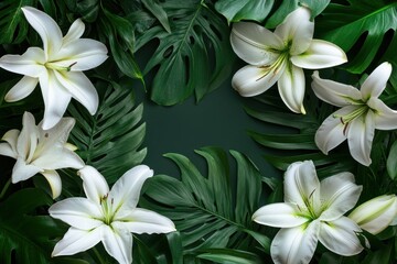 Obraz premium Elegant floral border showcasing white and beige lilies surrounded by abundant green leaves, silhouette art