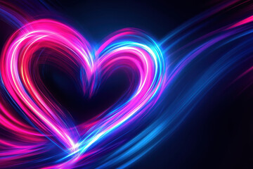 Glowing neon heart with colorful light rays