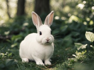 Fototapeta premium A cute little rabbit is sitting on the ground in a forest.