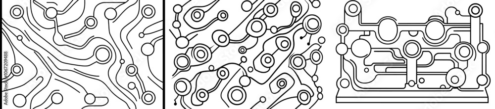 Poster illustration of an abstract circuit board pattern on a white background in a modern technology conce