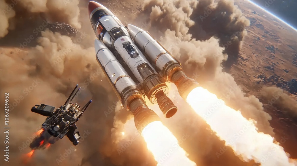 Poster rocket descending to mars landing pad in action