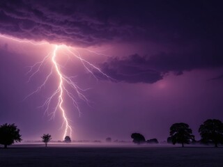 Spectacular lightning illuminates a purple stormy sky during a summer night over a quiet landscape.