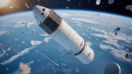 Obraz premium Rocket in Low Earth Orbit Navigating Space Debris