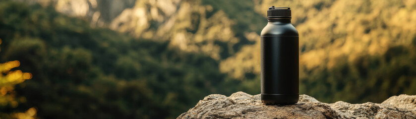 A sleek black water bottle sits on a rocky surface, surrounded by lush mountains and natural greenery, capturing an adventurous outdoor spirit.