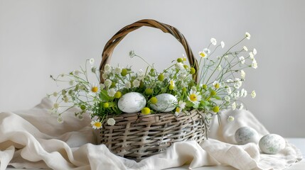 Obraz premium Rustic Wicker Basket with Easter Eggs and Fresh Flowers on Neutral Background