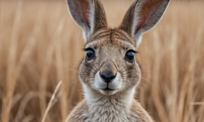 Fototapeta premium A close-up of a curious kangaroo in a dry, grassy field, with large, expressive eyes and soft fur, looking directly at the camera