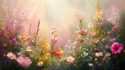 Dreamscape Garden with Flowers - Dreamy landscape of soft flowers in a magical garden setting.