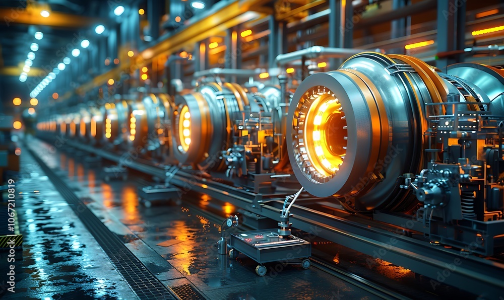 Poster a futuristic industrial scene showcasing advanced machinery with glowing elements, reflecting a high