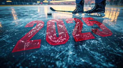 Bold red "2025" on hockey rink with hockey stick and puck on ice, cool and intense vibe.


