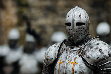 Fototapeta premium Medieval Guardian, detailed 3D depiction of a silver-armored guard, selective focus highlighting intricate armor design, ample space for text.