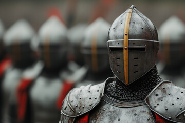 Fototapeta premium Medieval Guard in Silver Armor, a detailed 3D illustration showcasing a vigilant soldier, emphasizing intricate armor design and dramatic foreground.