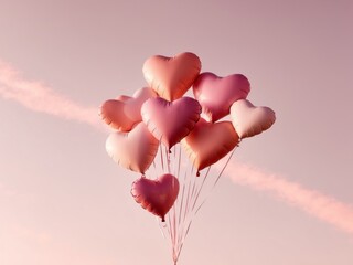 Fototapeta premium Heart Balloons Floating in a Dreamy Pink Sky.