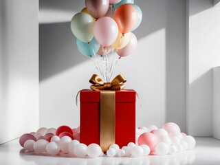 A red box with a gold bow on top of a cloud of balloons.