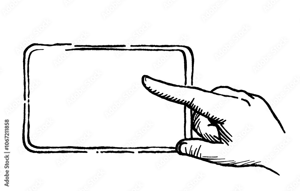 Poster using an application on a smartphone. finger pointing to empty screen of phone mockup. colored icon 