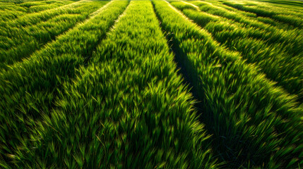 Fototapeta premium Lush green barley field at sunrise capturing nature's tranquility. Long grass landscape
