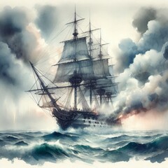 Warship Surrounded by Cannon Smoke