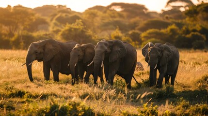 Fototapeta premium Herd of Majestic Elephants Roaming the African Savanna at Sunset