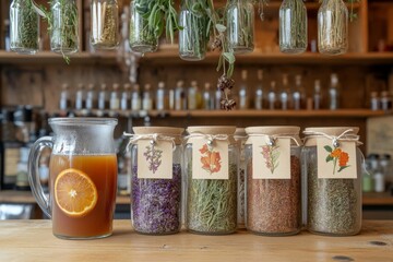 Rustic Kitchen with Herbal Tea and Dried Herbs in Glass Jars on Wooden Shelves for Home Decor Inspiration