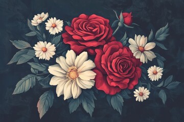 Victorian-style floral arrangement on black background highlighting burgundy and ivory roses, peonies, and daisies рІр‚ a digital piece emphasizing intricate features and classic elegance